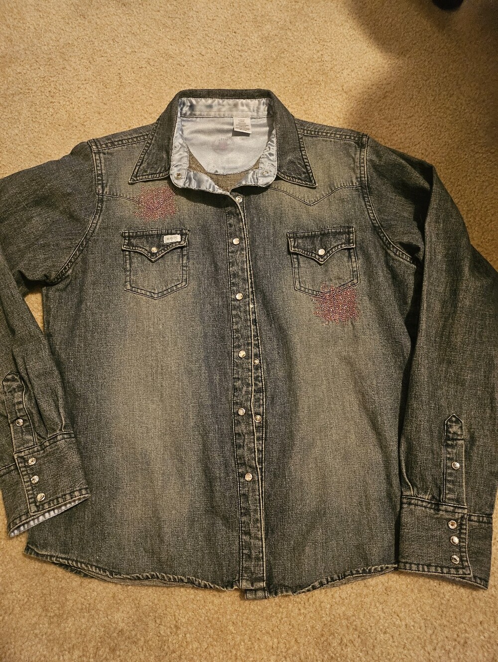 Denim Western Snap-Front Shirt with Embellished Patches - Blue